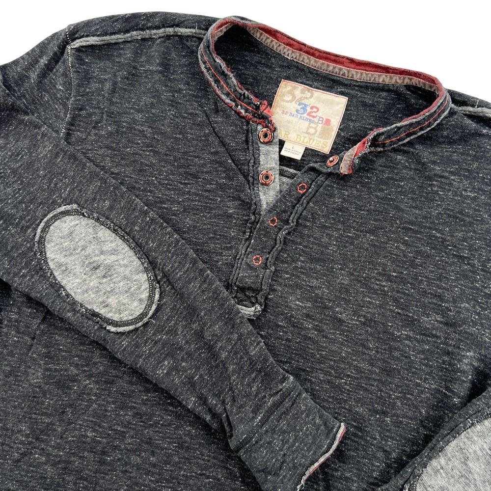 32 Bar Blues Henley Shirt Mens L Black Elbow Patch Snap Slub Knit Rugged Casual